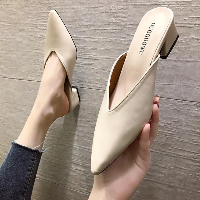 Fitting Shoes High Heel Slippers 2020 Spring and Summer New Style Thick Heel Pointed Toe Baotou Outer Wear Half Slippers for Women