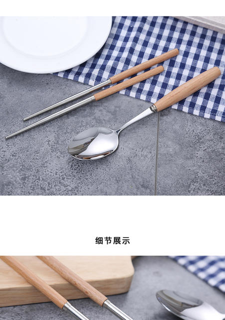 Stainless Steel Chopsticks Wooden Handle Spoon Set Portable Tableware Two-Piece Set Student Chopstick Box Long Handle detail 9