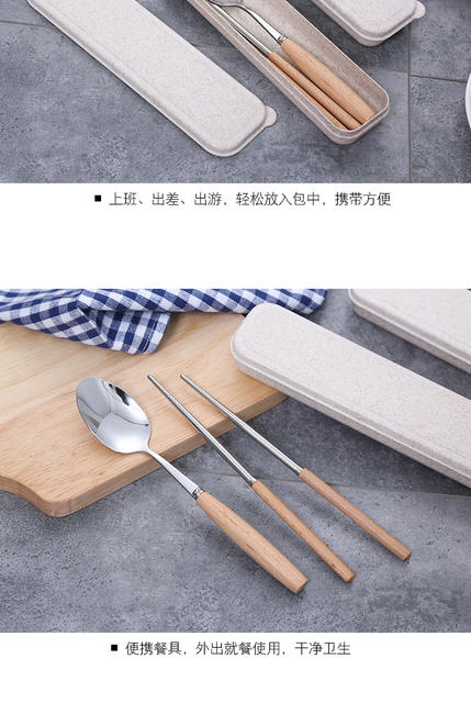 Stainless Steel Chopsticks Wooden Handle Spoon Set Portable Tableware Two-Piece Set Student Chopstick Box Long Handle detail 8