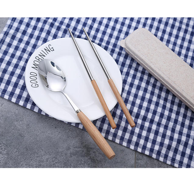 Stainless Steel Chopsticks Wooden Handle Spoon Set Portable Tableware Two-Piece Set Student Chopstick Box Long Handle detail 11