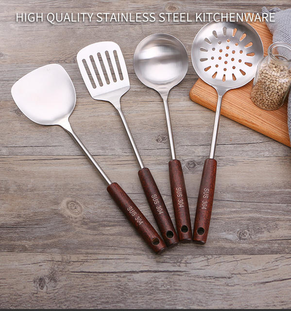 304 Stainless Steel Spatula Household Wooden Handle Utensils High Temperature Resistant Colander Spatula Kitchen Utensil Set Soup Spoon Kitchen Utensils detail 5