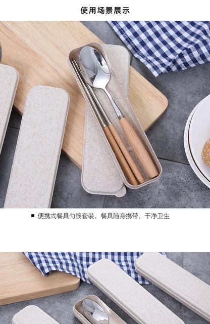 Stainless Steel Chopsticks Wooden Handle Spoon Set Portable Tableware Two-Piece Set Student Chopstick Box Long Handle detail 7