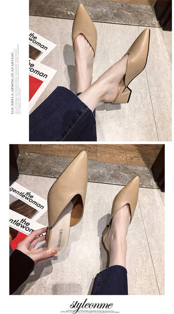 Fitting Shoes High Heel Slippers 2020 Spring and Summer New Style Thick Heel Pointed Toe Baotou Outer Wear Half Slippers for Women detail 9