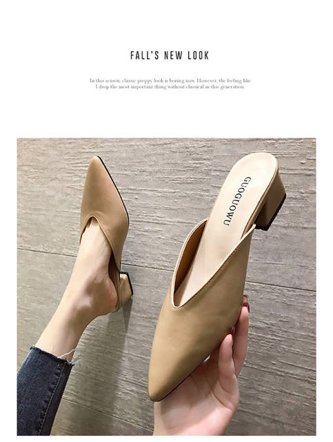 Fitting Shoes High Heel Slippers 2020 Spring and Summer New Style Thick Heel Pointed Toe Baotou Outer Wear Half Slippers for Women detail 7