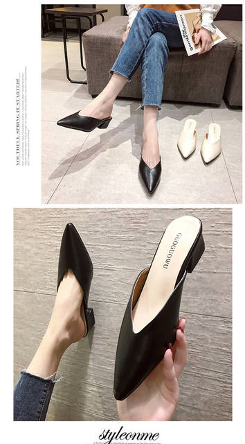 Fitting Shoes High Heel Slippers 2020 Spring and Summer New Style Thick Heel Pointed Toe Baotou Outer Wear Half Slippers for Women detail 3