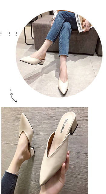 Fitting Shoes High Heel Slippers 2020 Spring and Summer New Style Thick Heel Pointed Toe Baotou Outer Wear Half Slippers for Women detail 11
