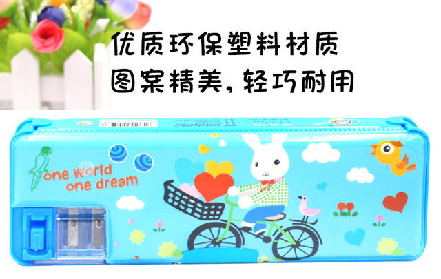Cartoon children's stationery box boys and girls pencil box kindergarten Primary School students plastic stationery box double-sided double-opening detail 3