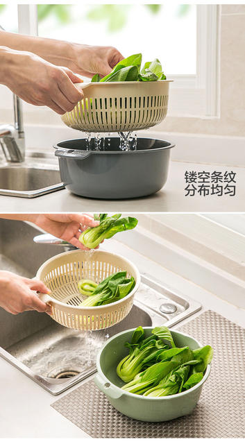 [extra large thick double drain basket] kitchen wash basket fruit basket round two-layer drain basket wholesale detail 8