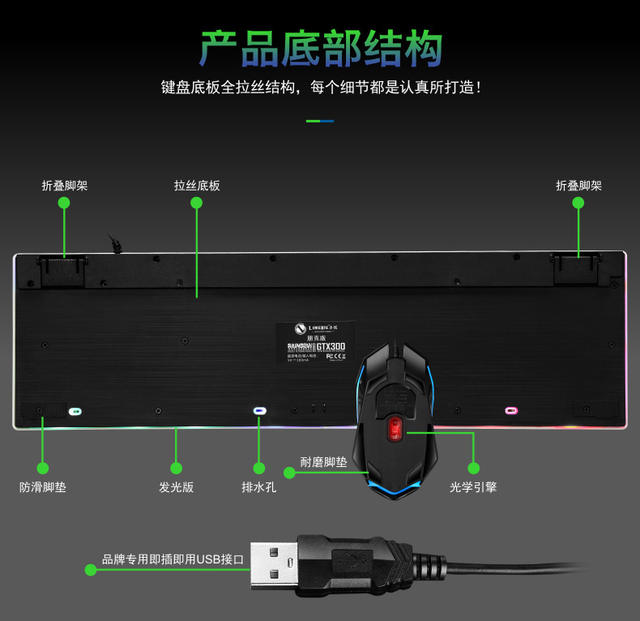 Li magnesium GTX300 luminous keyboard mouse suit USB keyboard USB mouse Internet cafe luminous game kit colorful backlight detail 12