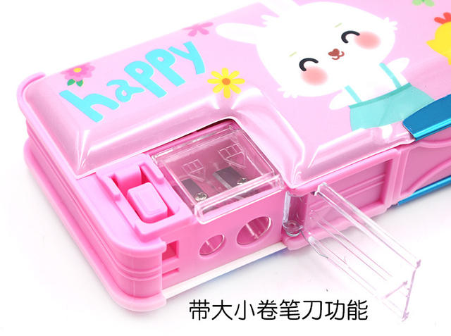 Cartoon children's stationery box boys and girls pencil box kindergarten Primary School students plastic stationery box double-sided double-opening detail 6