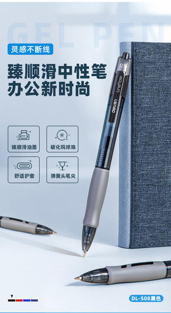 Deli S08 Smooth Gel Pen Press Bullet 0.5mm Signature Ball Blue Black Red Water-Based Ball Pen detail 1