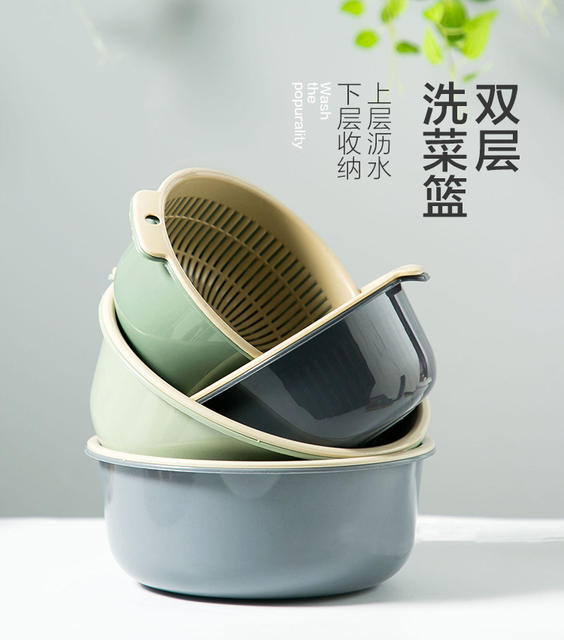 [extra large thick double drain basket] kitchen wash basket fruit basket round two-layer drain basket wholesale detail 5