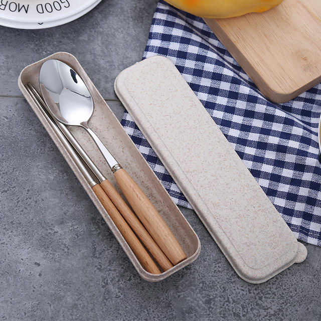 Stainless Steel Chopsticks Wooden Handle Spoon Set Portable Tableware Two-Piece Set Student Chopstick Box Long Handle