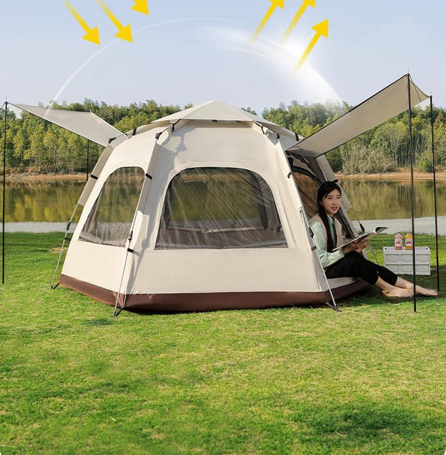 Customized Hexagonal Tent with Double Doors and Four Windows for Outdoor Travel and Camping, Fully Automatic Tent with Sun Protection, Rain Protection, Cold Protection, and Warmth detail 10