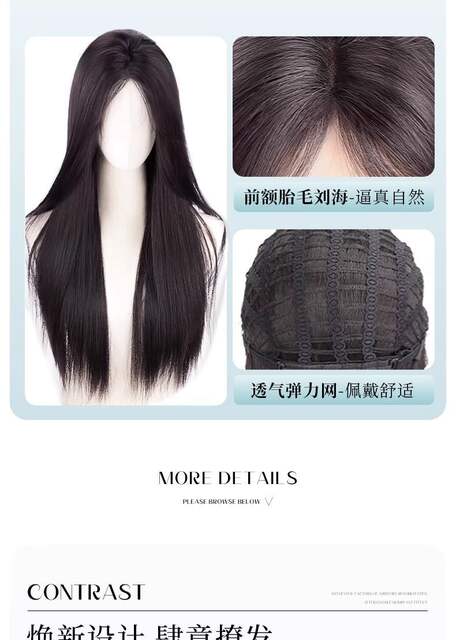 Full Lace Front Wig with Natural Seamless Middle Part Bangs, Black Long Straight Wig for Women with Long Hair detail 6