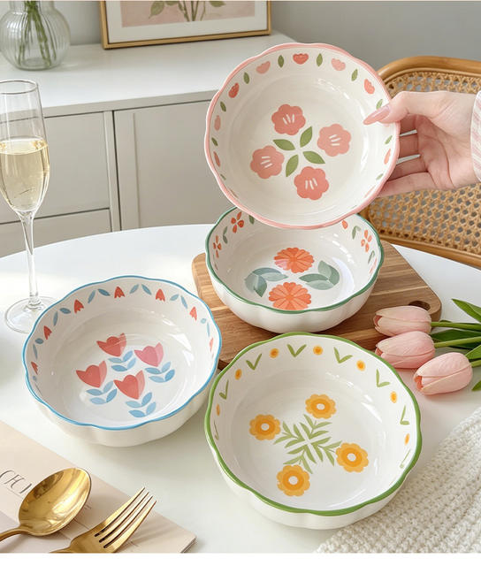 High-Appearance Four-Color Floral Fruit Salad Bowl, Ceramic Tableware, Underglaze Color Steamed Egg Bowl, Household Air Fryer Bowl detail 7