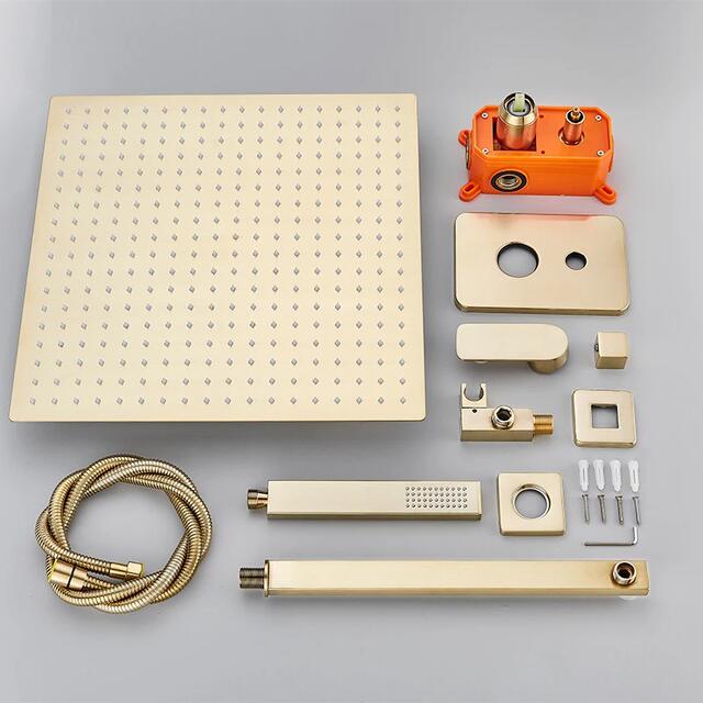 All-Copper Brushed Gold Concealed Shower Head Set with Wall-Mounted Embedded Hot and Cold Mixing Valve detail 4