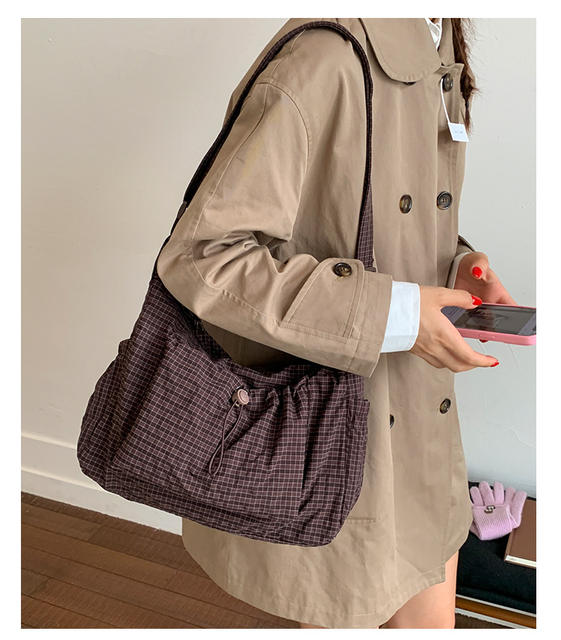 Bags 2025 New Korean Style Plaid Drawstring Pleated Cloud Bag Large Capacity Backpack Shoulder Bag Crossbody Bag Women's Bag detail 3