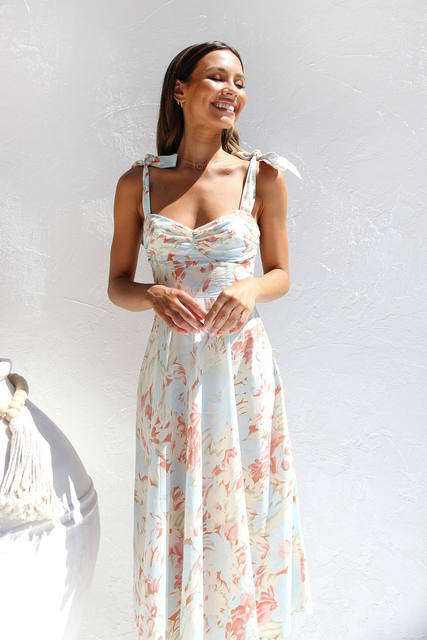 2025 Cross-Border Amazon European and American New Slim Fit Waist V Neck Suspender Printed Mid-Length Dress for Women detail 12