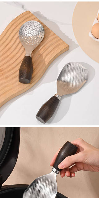 Wooden Handle Stainless Steel Rice Spoon, Rice Spatula for Home Use, Standable Wooden Handle Household Spoon, Kitchen Rice Serving Spoon for Rice Cooker detail 11