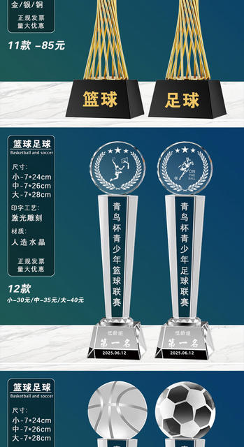 Basketball Trophies and Medals, Various Basketball and Football Award Trophies, Event Honor Crystal and Metal Trophies Wholesale detail 7