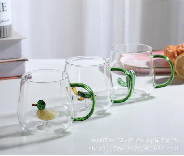 Three-Dimensional Animal and Flower Shaped Glass Cup, Colorful Handle Household Office Drinking Cup, High Borosilicate Coffee Glass Cup detail 11