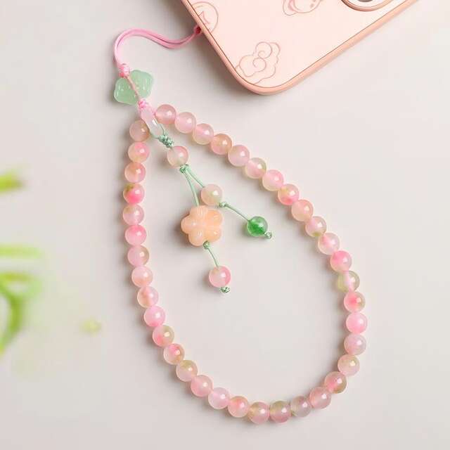 Girl's Favorite Peach and Peach Blossom Cloud Mobile Phone Lanyard, Exquisite High-End Wrist Beaded Phone Chain Pendant Accessory detail 1