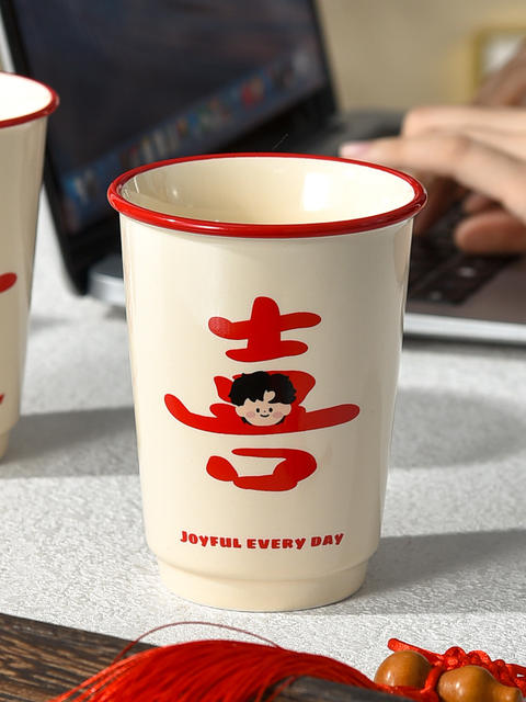 High-Looking Ceramic Cup, Red Double Happiness Mouthwash Cup, Couple's Wedding Souvenir, Toothbrush Cup, Tea Cup, Large Capacity detail 8