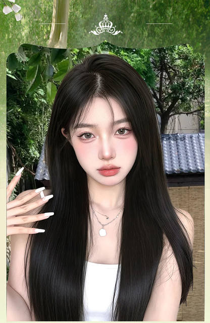 Kony Wig Full Head Set for Women, Fluffy, Realistic Human Hair-Like, Black Long Straight Natural Daily Full Wig Set detail 1