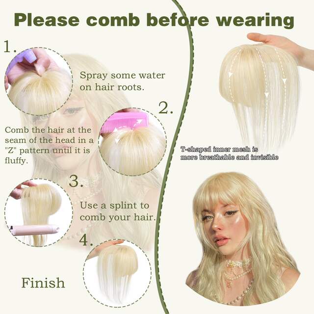 3D wig piece bangs hand-woven neat bangs female horoscope 10inc real person hair elegant bangs t-shaped golden wig piece detail 8