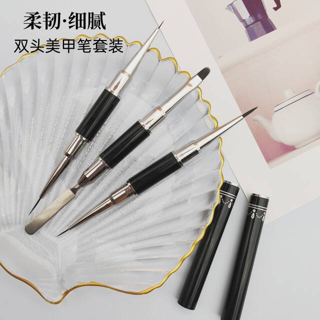 Black Metal Engraved Double-Ended Manicure Pen Steel Surface Pen Pull-Line Pen Functional Pen 3-Piece Set Manicure Brush Art detail 6