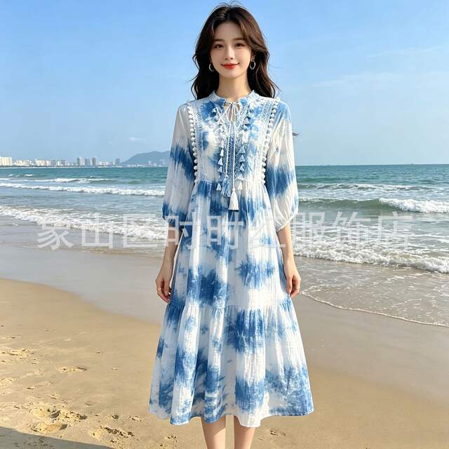 Yunnan and Guizhou Traditional Tie-Dye Blue-Dyed Dress, Handmade Tie-Dye Long Dress, Slimming, Gentle, Sweet, and Elegant Strap Dress detail 5