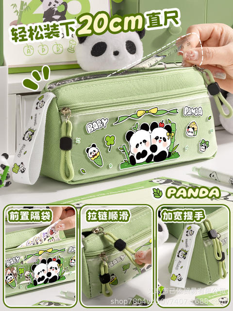 Triangular Large-Capacity Portable Pencil Bag, Cartoon National Trend Panda Cute Stationery Bag, Large-Capacity Pencil Case for Primary and Secondary School Students detail 7