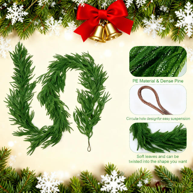 Christmas Decoration Rattan Amazon Artificial Pe Norfolk Pine Rattan Soft Rubber Pine Needles Simulated Pine Tree Wreath Garland