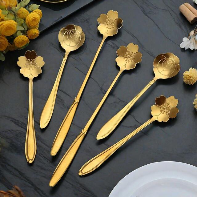 Stainless Steel Flower Spoon Cherry Blossom Rose Spoon Wedding Long Handle Heart-shaped Spoon Coffee Mixing Spoon Hand Gift Bird's Nest Honey detail 6