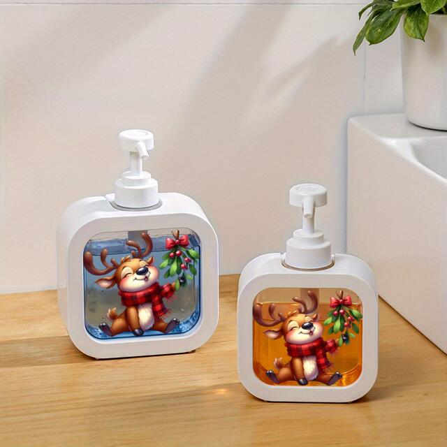 A Refillable Manual Pump Soap Dispenser with Cartoon Reindeer and Holly Designs - One Unit detail 3