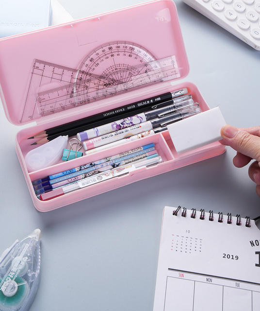 Macaroon stationery box handmade diy cream glue multifunctional plastic pencil box flip printed LOGO text detail 11