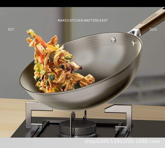 Factory direct supply double-sided titanium wok household titanium non-stick pan uncoated wok gas stove induction cooker universal detail 12