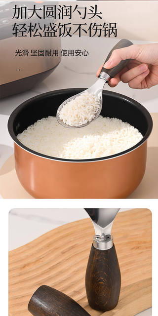 Wooden Handle Stainless Steel Rice Spoon, Rice Spatula for Home Use, Standable Wooden Handle Household Spoon, Kitchen Rice Serving Spoon for Rice Cooker detail 7