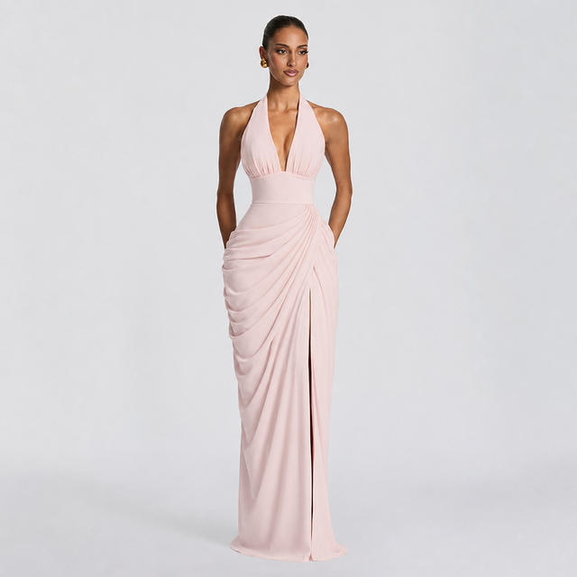 2026 Cross-Border Summer New Style Halter V-Neck Fashionable and Sexy Dress with Vertical Pleats on the Chest, Elegant Diagonal Pleated Dress for Women detail 10