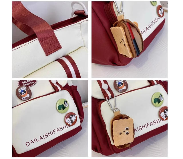 Japanese Ins Contrast Color Student Handbag Tillage Bag Canvas Junior High School Student Large Capacity Class Bag Women's Crossbody Bag detail 11