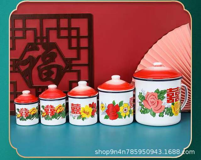 Double Happiness Floral Enamel Cup with Lid, Waistband, Wedding Banquet Gift, Wedding Candy Box, Mug, Souvenir, Tea Jar detail 5