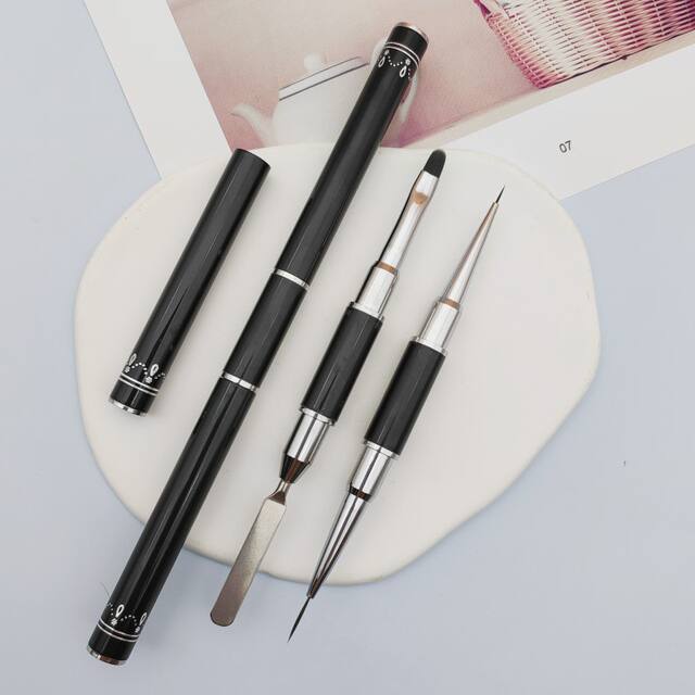 Black Metal Engraved Double-Ended Manicure Pen Steel Surface Pen Pull-Line Pen Functional Pen 3-Piece Set Manicure Brush Art detail 8