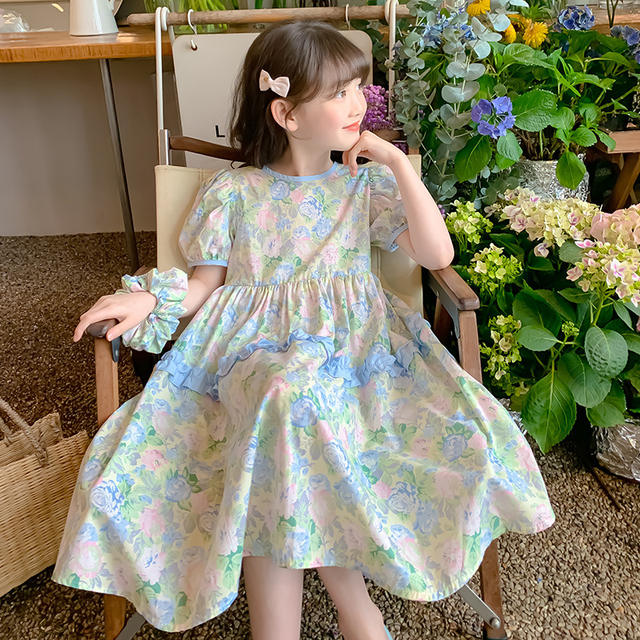 Thin Girl's dress Stylish Floral Children's Skirt Summer Large Children's Little Girl's Cotton Short-sleeved Princess Skirt