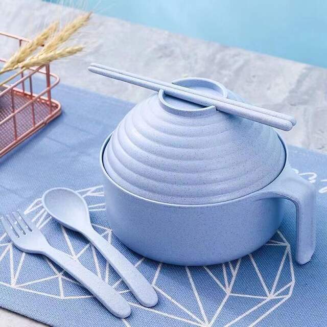 Wheat Straw Instant Noodle Bowl with Lid Tableware Student Dormitory Bowl Chopsticks Fork Spoon Set Instant Noodle Bowl with Lid detail 9