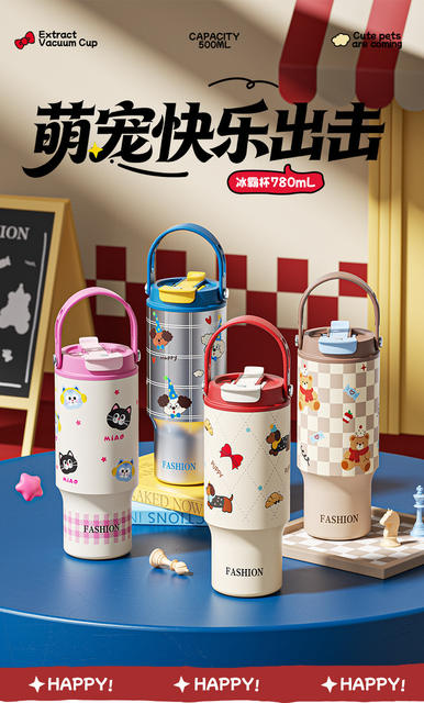 New Cartoon-Style Large-Capacity Ice Cup with Handle and Tea Compartment, High-Looking Stainless Steel Thermos Cup with Custom Logo detail 1