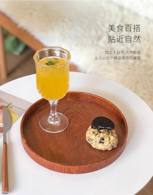 Home Snack Tea Tray Dinner Plate Cafe Round Snack Tray Tea Tray Ins Style Vintage Cake Wooden Tray detail 3