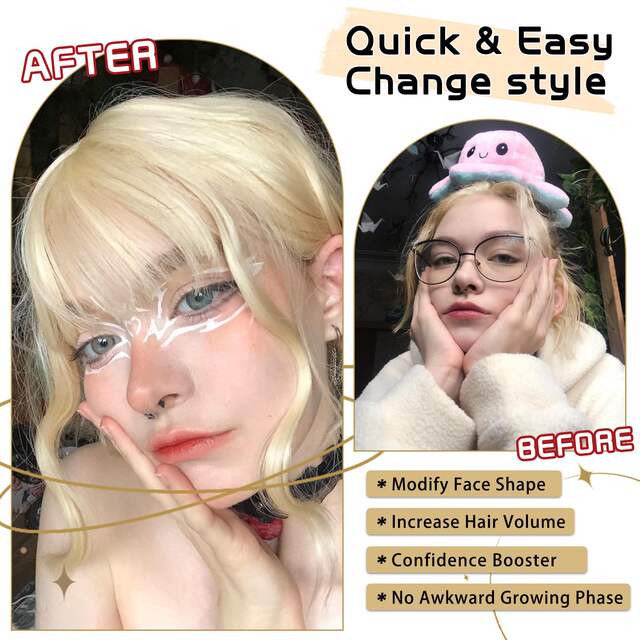 3D wig piece bangs hand-woven neat bangs female horoscope 10inc real person hair elegant bangs t-shaped golden wig piece detail 9