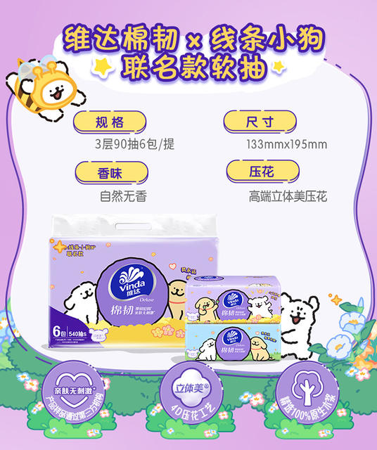 Vinda Tissue Paper with Line Drawing of a Puppy, Cotton Soft, 3-Ply, 90 Sheets, 3 Packs, Household Paper Towels, Facial Tissues, Napkins, Wholesale for New Customers detail 4
