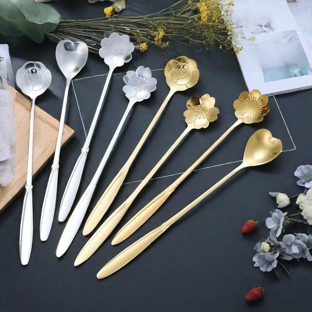 Stainless Steel Flower Spoon Cherry Blossom Rose Spoon Wedding Long Handle Heart-shaped Spoon Coffee Mixing Spoon Hand Gift Bird's Nest Honey detail 5